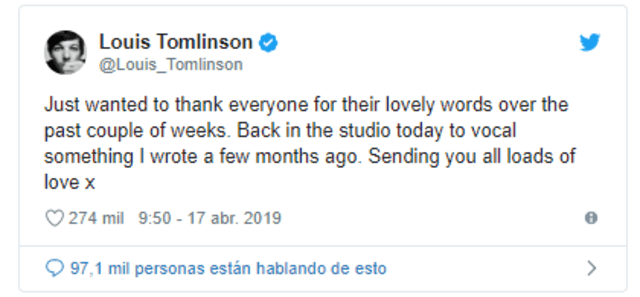 Louis Tomlinson escribió un escueto mensaje en Twitter tras la muerte de su hermana.