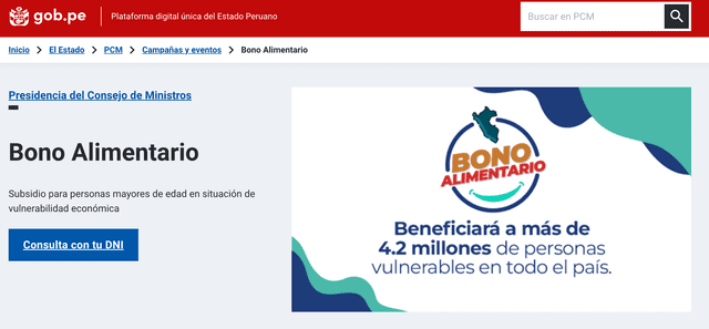 Portal web para consultar si es beneficiario del Bono Alimentario. Foto: captura LR/Gobierno del Perú.