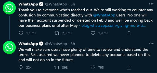 WhatsApp también comunicó su decisión por sus redes sociales