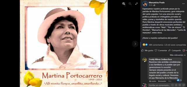 Nancy Manchego, Manuelcha Prado y más artistas rindieron homenaje a Martina Portocarrero en sus redes. Foto: Facebook