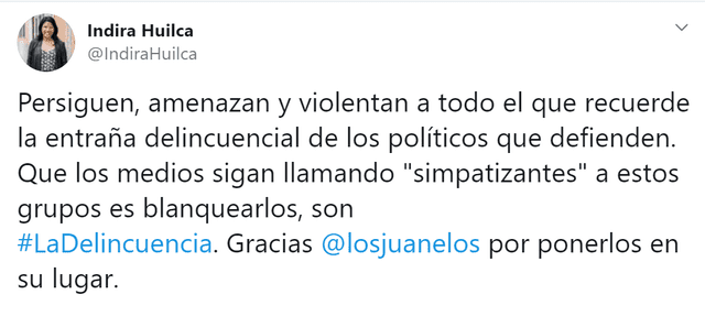 Tuit de Indira Huilca sobre Los Juanelos.