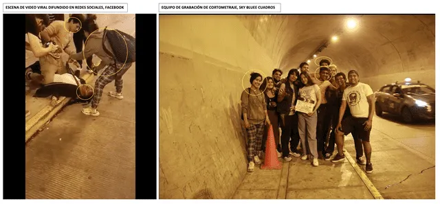 Comparación entre escena difundida de forma viral y fotografía del equipo de grabación del cortometraje Túnel. Foto: composición LR/Facebook.   