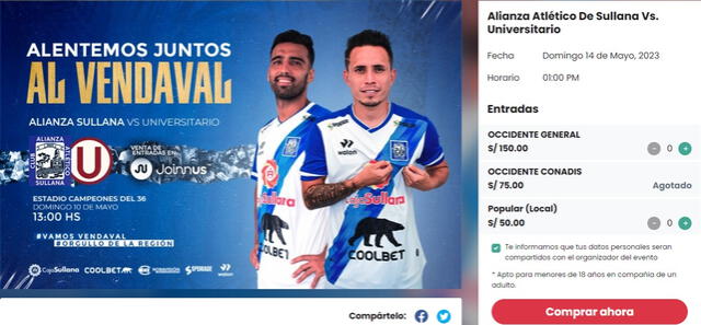 Precios de las entradas para Alianza Atlético vs. Universitario. Foto: captura de Joinnus   