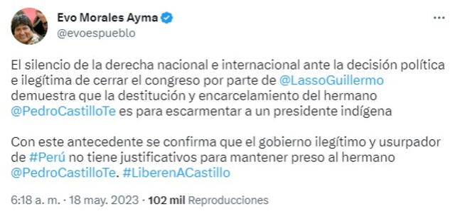 Declaración de Evo Morales sobre el caso de Guillermo Lasso. Foto: @evoespueblo / Twitter<br>   