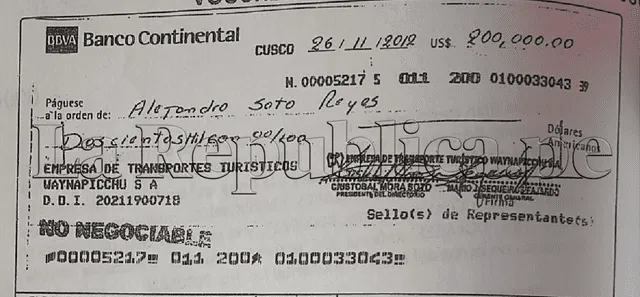 Foto: primer cheque por US$200 mil del 26 de noviembre que prueba la estafa.   