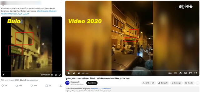  Comparación de fragmentos que evidencian que se trata de la misma casa derrumbada en Casablanca, Marruecos, en 2020. Foto: capturas en Twitter y YouTube/Hespress   