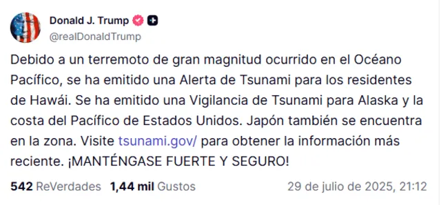 Donald Trump se pronuncia por la alerta de tsunami en Hawaii. Fuente: Truth Social Donald Trump se pronuncia por la alerta de tsunami en Hawaii. Fuente: Truth Social