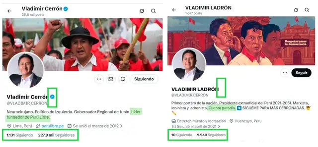 Comparación entre el perfil real y verdadero. Foto: X  