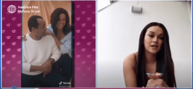 Angie Arizaga llora en vivo por estar junto a su familia durante cuarentena en entrevista con En boca de todos. Foto: Captura América TV.