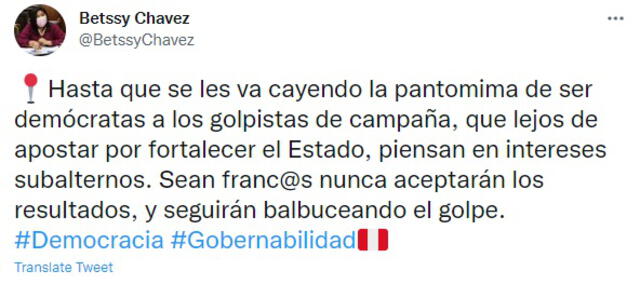 Bettsy Chávez opinó mediante su cuenta de Twitter. Foto: Captura