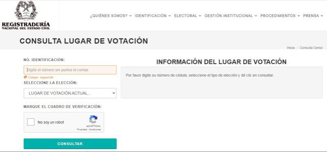 Plataforma oficial para consultar tu centro de votación. Foto: Registraduría Nacional del Estado Civil.