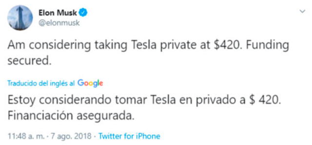 El polémico tuit de Musk. Foto: captura de pantalla