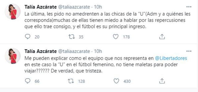 Talía Azcárate denuncia maltratos hacia las jugadoras de Universitario. Foto: Twitter