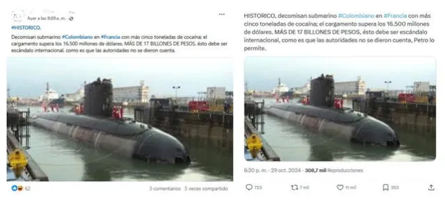 <em> Posteos sobre el presunto submarino colombiano recientemente incautado. Foto: captura de Facebook / X</em>   