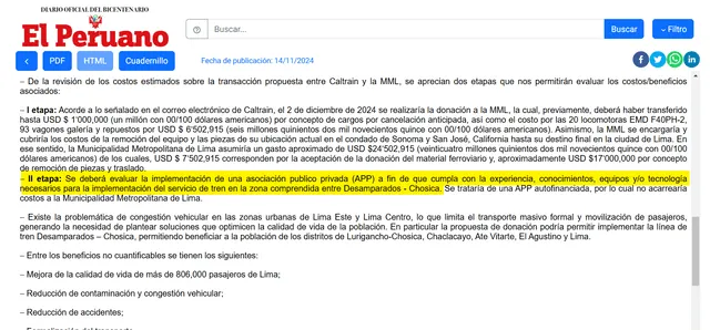  Anuncio publicado en el diario El Peruano donde se anuncia la implementación de una asociación pública privada para la implementación de la vía férrea | Fuente: La Encerrona.    