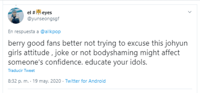 Usuaria de Twitter pidiendo que no se minimize el impacto de los comentarios de Johyun (Berry Good). Usuaria de Twitter pidiendo que no se minimize el impacto de los comentarios de Johyun (Berry Good).