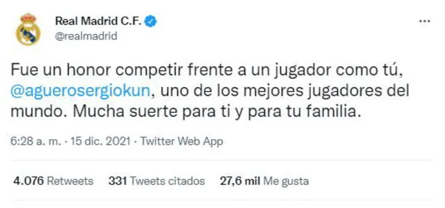 Mensaje del club merengue. Foto: Twitter/Real Madrid