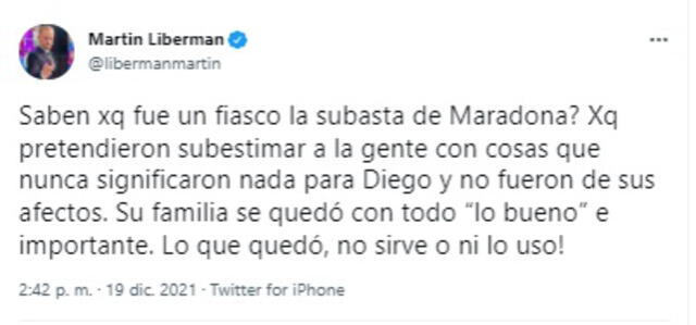 Liberman no se guardó nada al criticar la subasta de objetos y bienes que le pertenecían a Maradona.