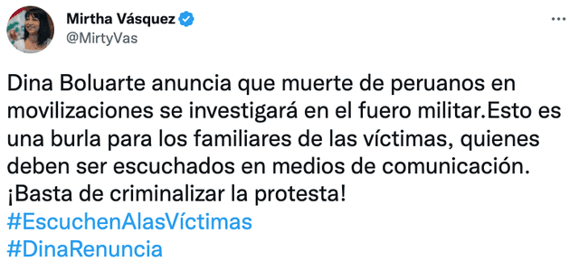 Vásquez se pronunció sobre lo dicho por la presidenta. Foto: captura de Twitter