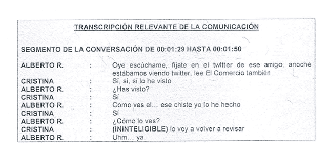 Fragmento de la transcripción del diálogo entre el fiscal Rossel Alvarado y 'Cristina'. Foto: La República.