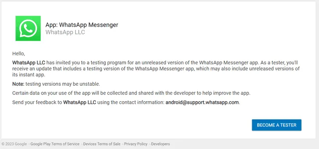  Pulsa el botón Become a tester. Foto: WhatsApp<br><br>  