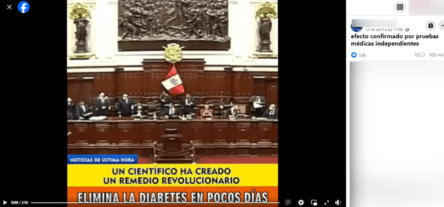  Desinformación sobre el Congreso de La República y la diabetes. Foto: captura en Facebook.    