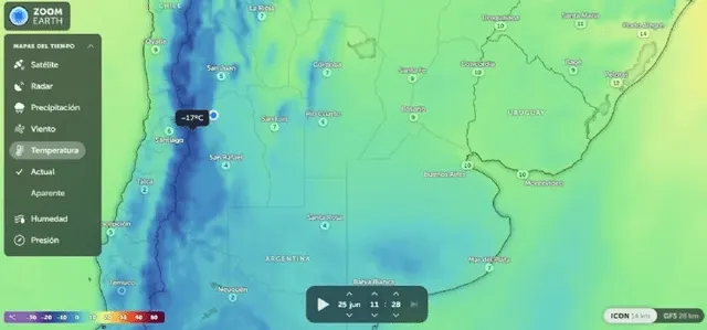  La cordillera en la zona de Mendoza registraron temperaturas de frío extremo. Foto: Zoom Earth   