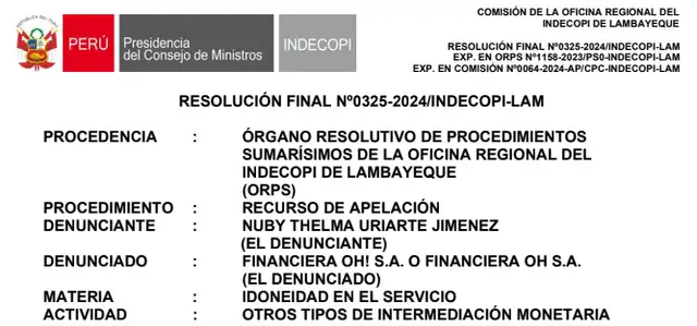  Indecopi sanciona a Financiera OH. Foto: captura de pantalla   