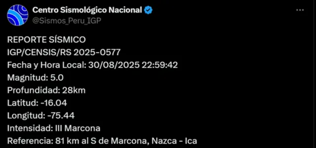 Sismo de magnitud de 5,0 sacude Ica. Foto: IGP Sismo de magnitud de 5,0 sacude Ica. Foto: IGP