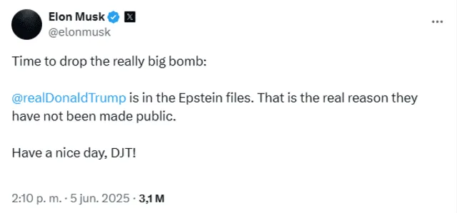 Musk accuses Trump of being part of the Epstein files. Photo: @elonmusk/X Musk accuses Trump of being part of the Epstein files. Photo: @elonmusk/X