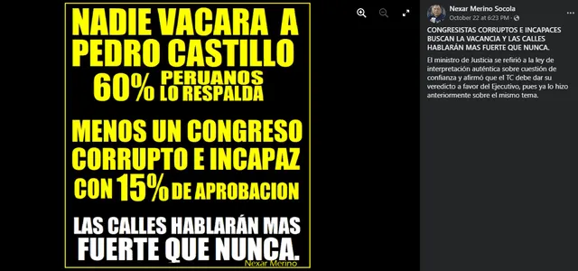 Viral señala que Castillo tiene 60% de aprobación. Fuente: Facebook