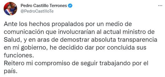 Pedro Castillo anuncia el retiro de Jorge López en el Minsa. Foto: Captura Twitter