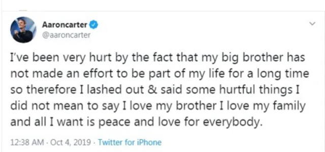 4.10.2019 | Aaron Carter se disculpa con su hermano Nick Carter. Foto: captura Twitter