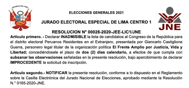 JEE declara inadmisible lista de peruanos en el extranjero del Frente Amplio. Foto: captura/resolución Nº 00028-2020-JEE/LIC1/JNE