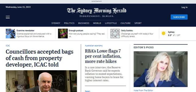 Inflación, espectáculo y política, los principales temas de  The Sydney Morning Herald. Foto: captura de  The Sydney Morning Herald