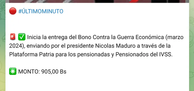  Anuncio del Bono de Guerra para pensionados en marzo 2024. Foto: Canal Patria Digital/Telegram.   