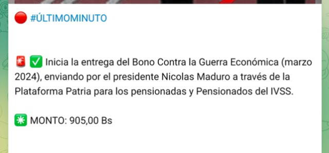 Anuncio del Bono de Guerra para pensionados en marzo 2024. Foto: Canal Patria Digital/Telegram   