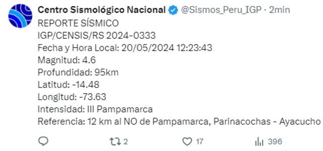 Temblor en Ayacucho mayo 2024