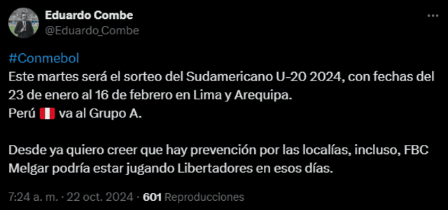  Eduardo Combe advierte de la pérdida de localía de FBC Melgar. Foto: captura de X/Eduardo Combe   