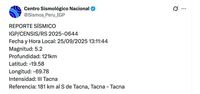 Sismo en Tacna. Foto: IGP/X   