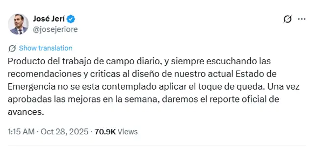 El presidente José Jerí negó que su gobierno declare toque de queda por recientes muertes en Lima y Callao. Foto: X El presidente José Jerí negó que su gobierno declare toque de queda por recientes muertes en Lima y Callao. Foto: X