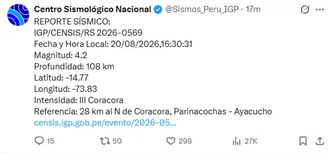 Réplica de 4,2 sacudió Ayacucho, por segunda vez.