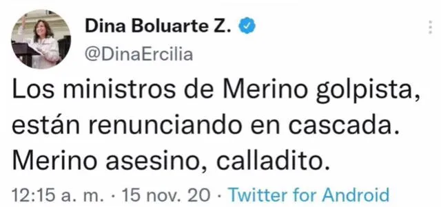 Tuit de Boluarte en el 2020. Foto: captura Dina Boluarte/ Twitter