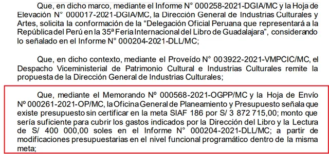 Resolución Ministerial sobre presupuesta para la FIL Guadalajara 2021 Fuente: Ministerio de Cultura.