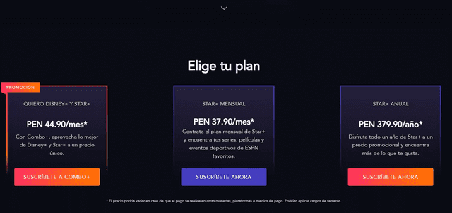 El nuevo servicio de streaming cuenta con dos planes: mensual y anual y un plan duo, si lo contratas junto a Disney Plus. Foto: captura starplus