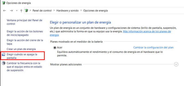 Configuración de energía de Windows 10