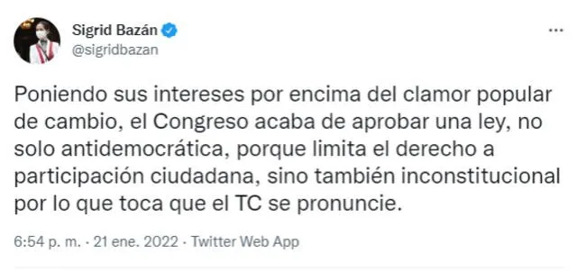 La congresista de Juntos por el Perú se pronunció a través de su cuenta de Twitter.