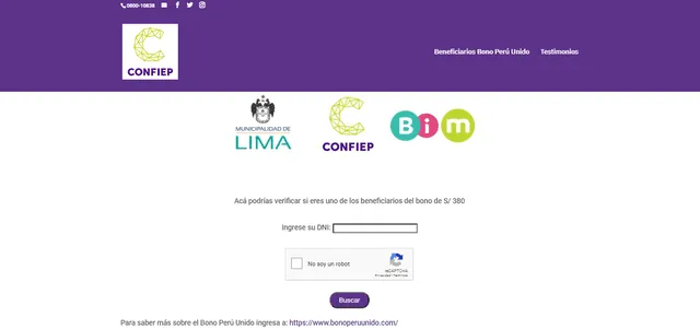 Plataforma del Bono Perú Unido. Foto: captura de la plataforma web del Bono Perú Unid.