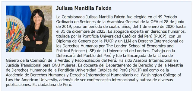 Perfil de Julissa Mantilla en el portal de la CIDH. Foto: captura   