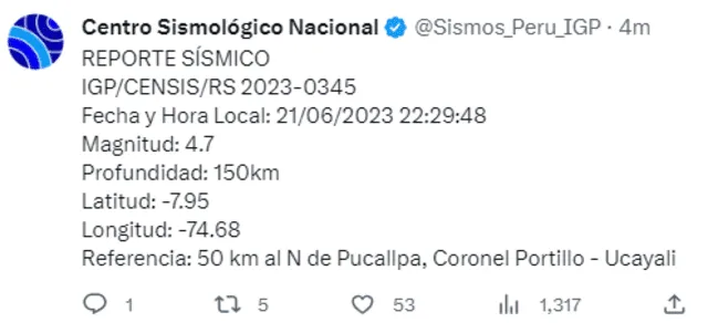 Temblor de 4.7 en Ucayali. Foto: IGP   